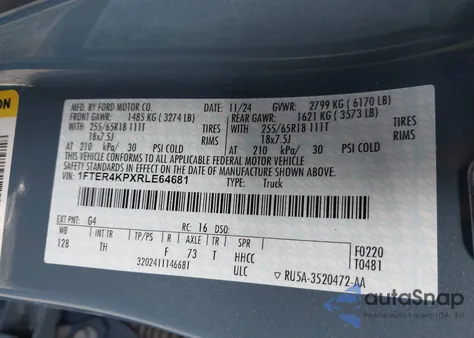 2024 Ford Ranger Lariat z USA, uszkodzony, nr VIN 1FTER4KPXRLE64681